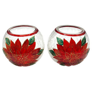 Nicole Crackle Glass Poinsettia Tealight Holder Bowl Gold Glitter Trim Set of 2